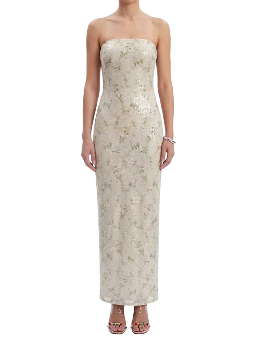 Reformation Ellison Knit Dress Ivory Sequin Strapless Floral Mesh Column Maxi S
